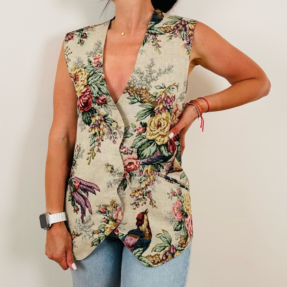 F. L. Malik Vintage 90s floral tapestry vest linen blend boho - Picture 6 of 11